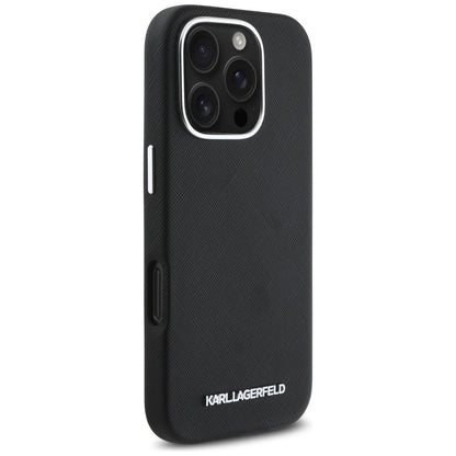 Puzdro MagSafe pre Apple iPhone 16 Pro Max, Karl Lagerfeld, Saffiano Full Wrapped Elongated Metal Logo, Čierne