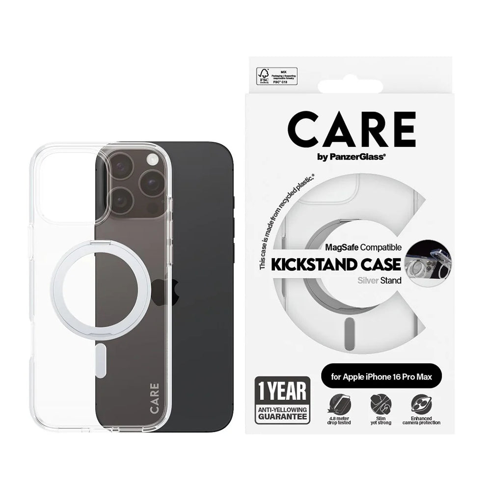 Puzdro MagSafe pre Apple iPhone 16 Pro Max, PanzerGlass, Care Feature Kickstand, Transparentné Strieborné