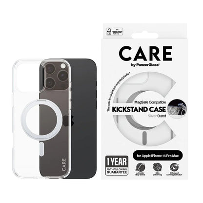 Puzdro MagSafe pre Apple iPhone 16 Pro Max, PanzerGlass, Care Feature Kickstand, Transparentné Strieborné