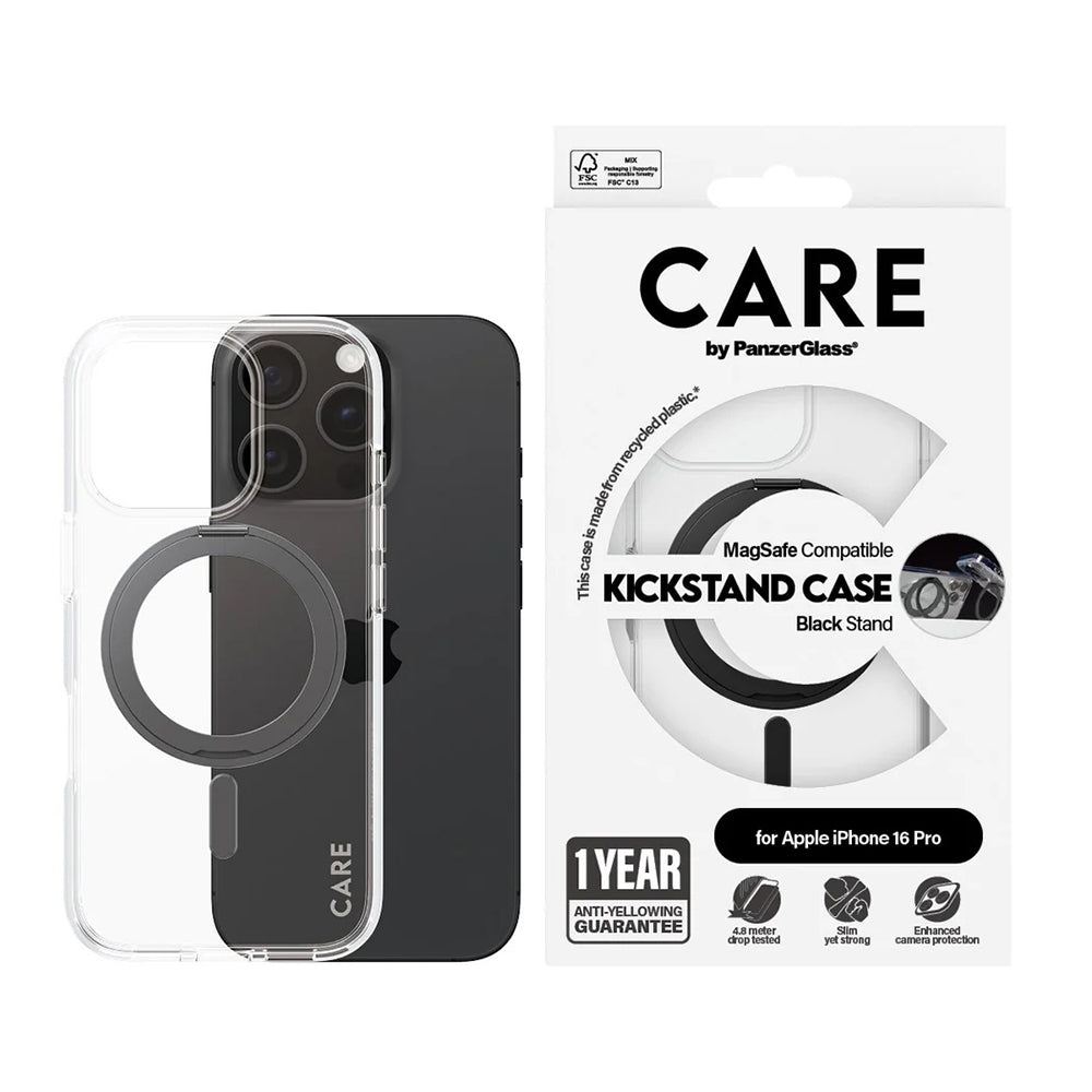 Puzdro MagSafe pre Apple iPhone 16 Pro, PanzerGlass, Care Feature Kickstand, Čierne Transparentné