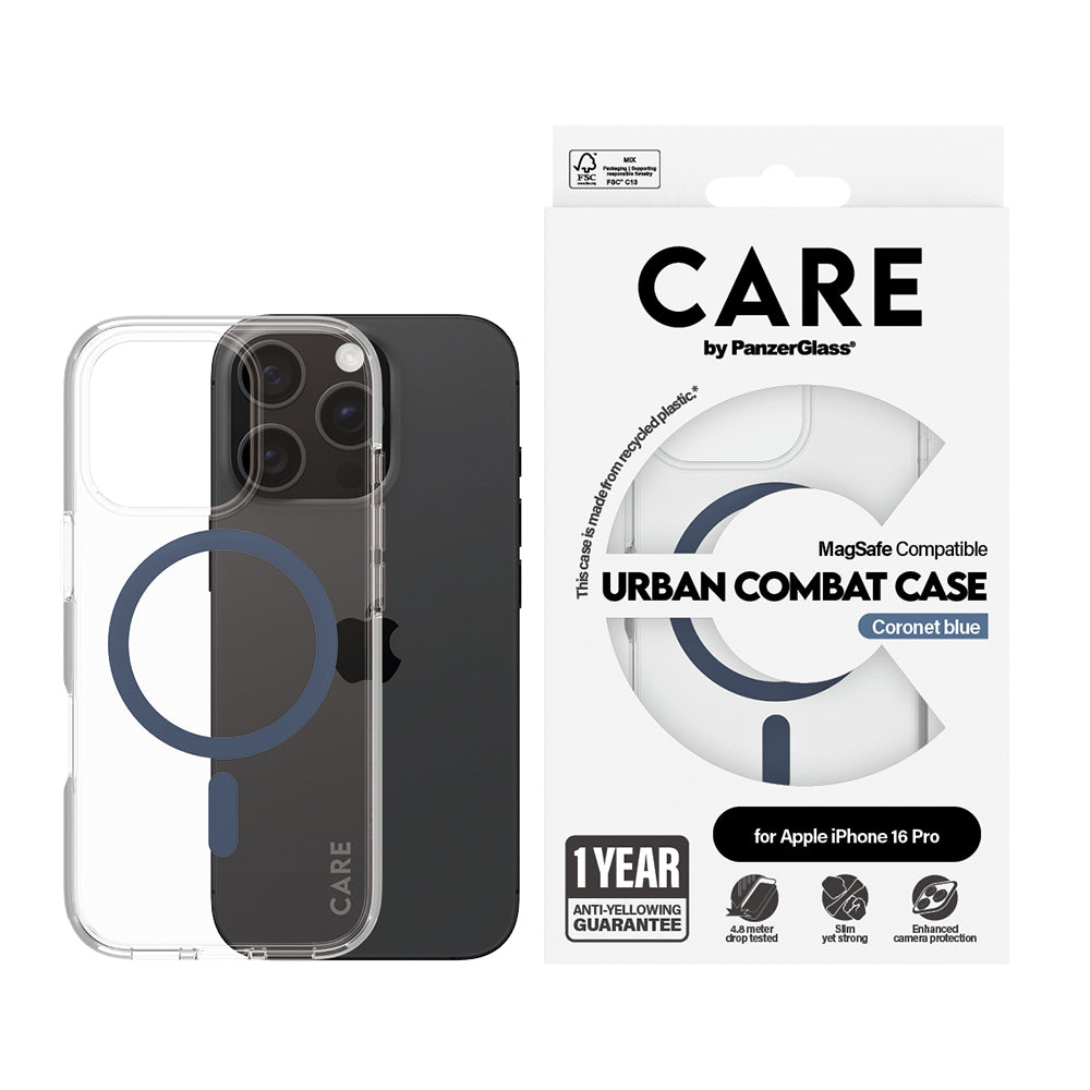 Puzdro MagSafe pre Apple iPhone 16 Pro, PanzerGlass, Care Urban Combat, Modrá Transparentnosť