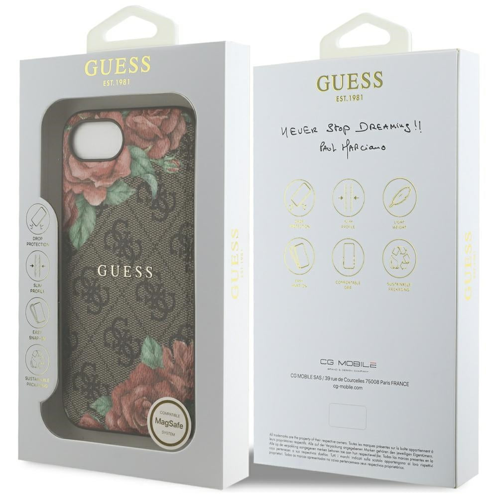 Puzdro MagSafe pre Apple iPhone 16e, Guess, 4G Flowers Print, Hnedá