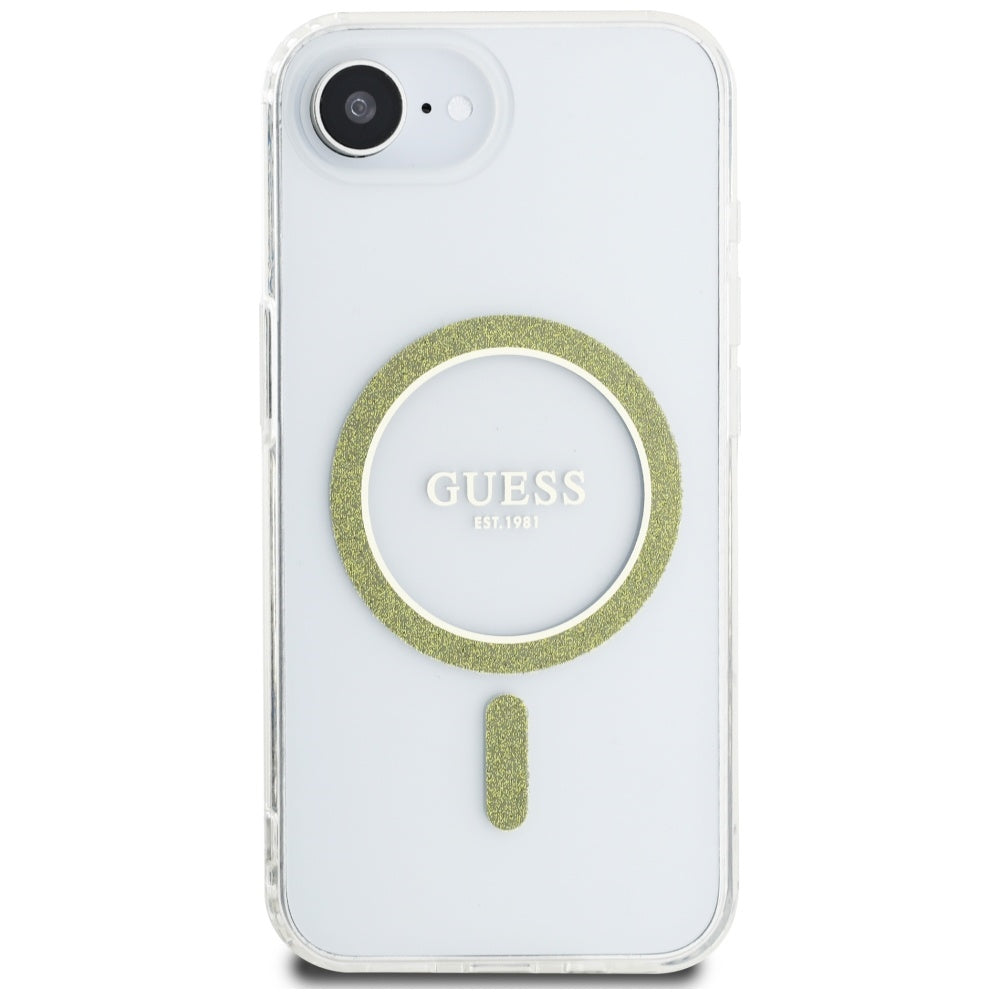 Puzdro MagSafe pre Apple iPhone 16e, Guess, IML Glitter Circle, Transparent