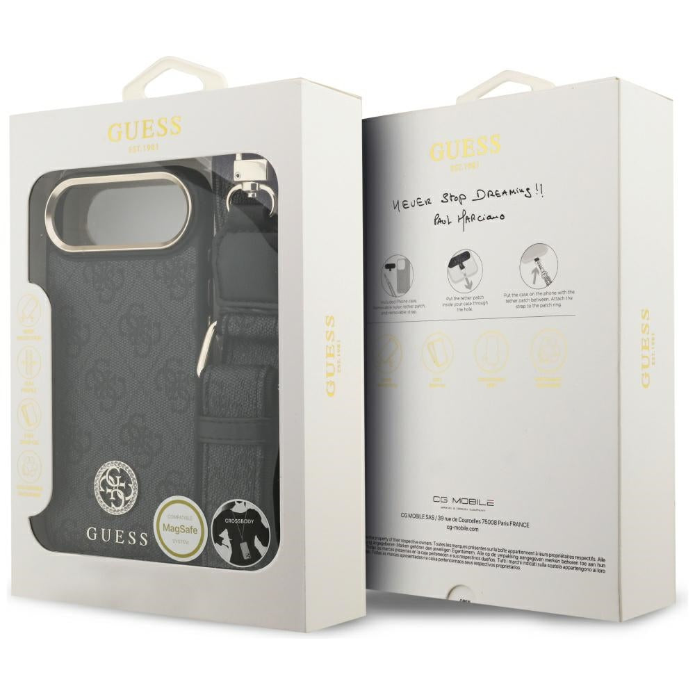 Puzdro MagSafe pre Apple iPhone 17 Air, Guess, 4G Strass Logo with Big Strap, Čierne