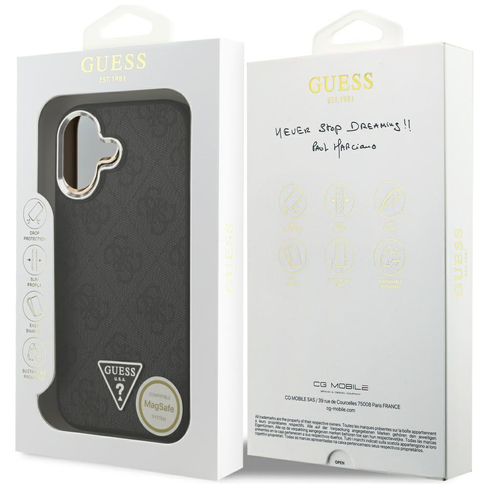 Puzdro MagSafe pre Apple iPhone 17, Guess, 4G Triangle Logo, Čierno Strieborné