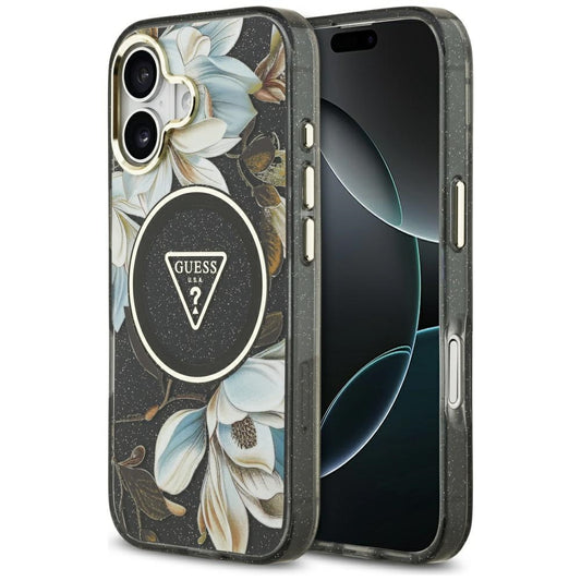 Puzdro MagSafe pre Apple iPhone 17, Guess, IML Metal Glitter Flowers Triangle, Čierne