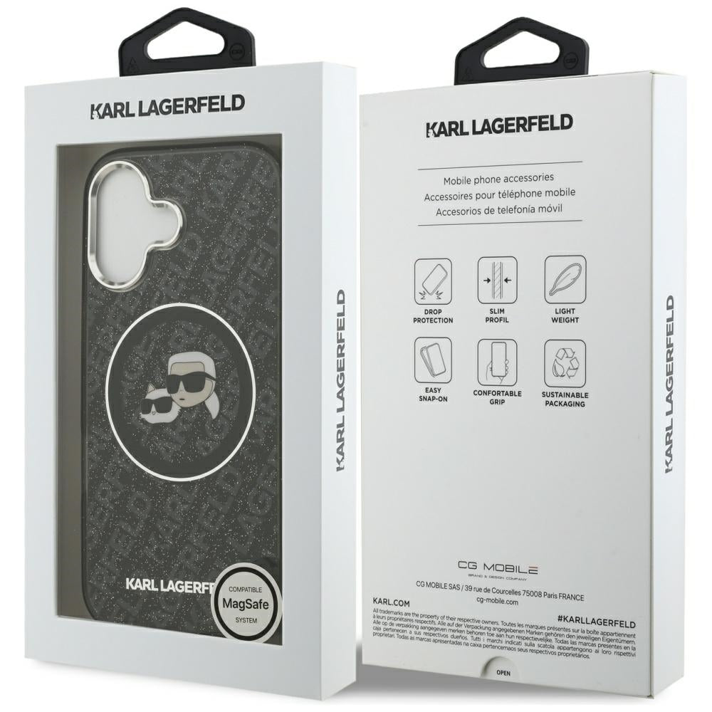 Puzdro MagSafe pre Apple iPhone 17, Karl Lagerfeld, Glitter Karl & Choupette Head, Čierne