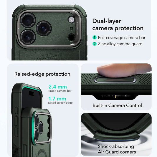 Puzdro MagSafe pre Apple iPhone 17 Pro, ESR, Cyber Armor Kickstand, Zelené
