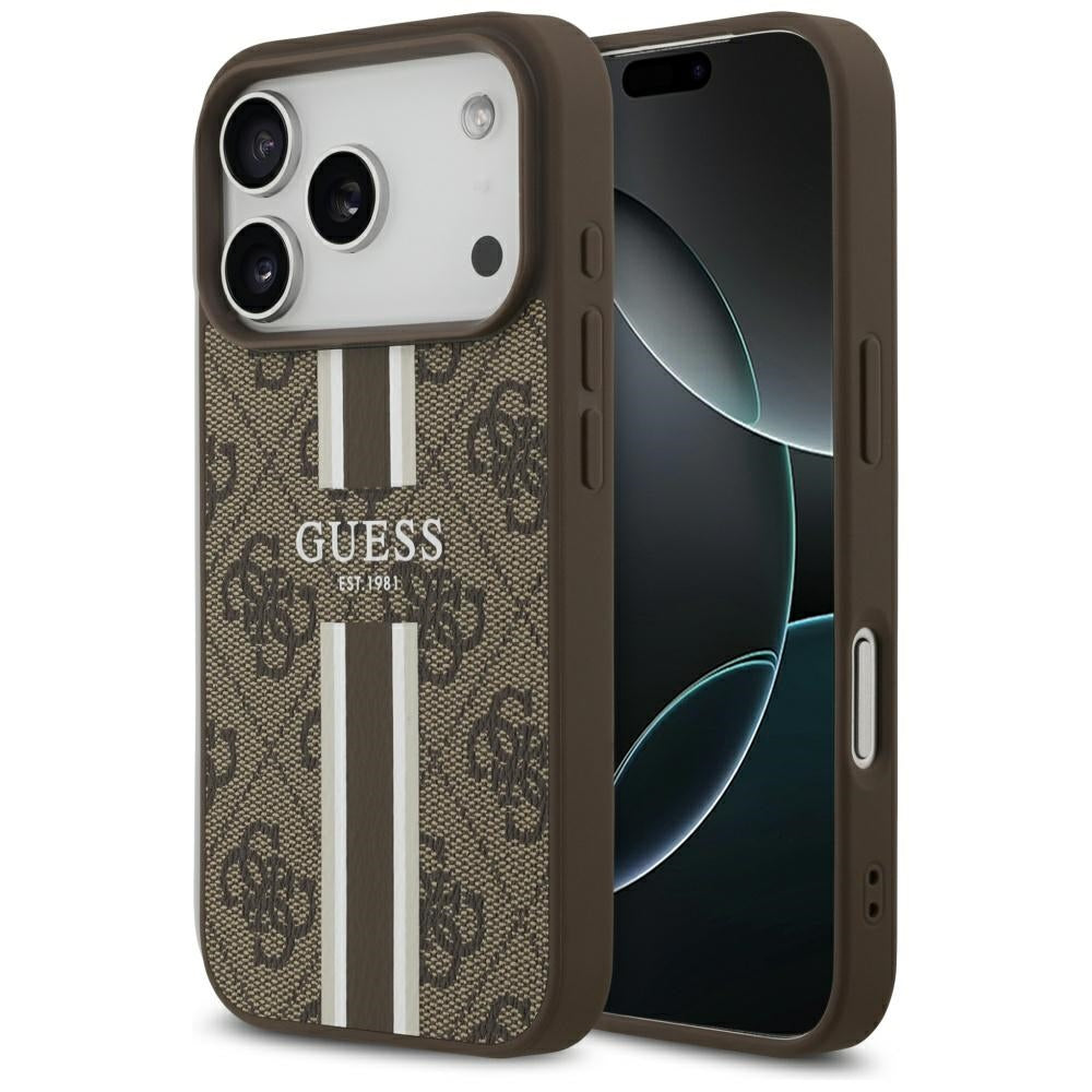 Puzdro MagSafe pre Apple iPhone 17 Pro, Guess, 4G Printed Stripes, Hnedé