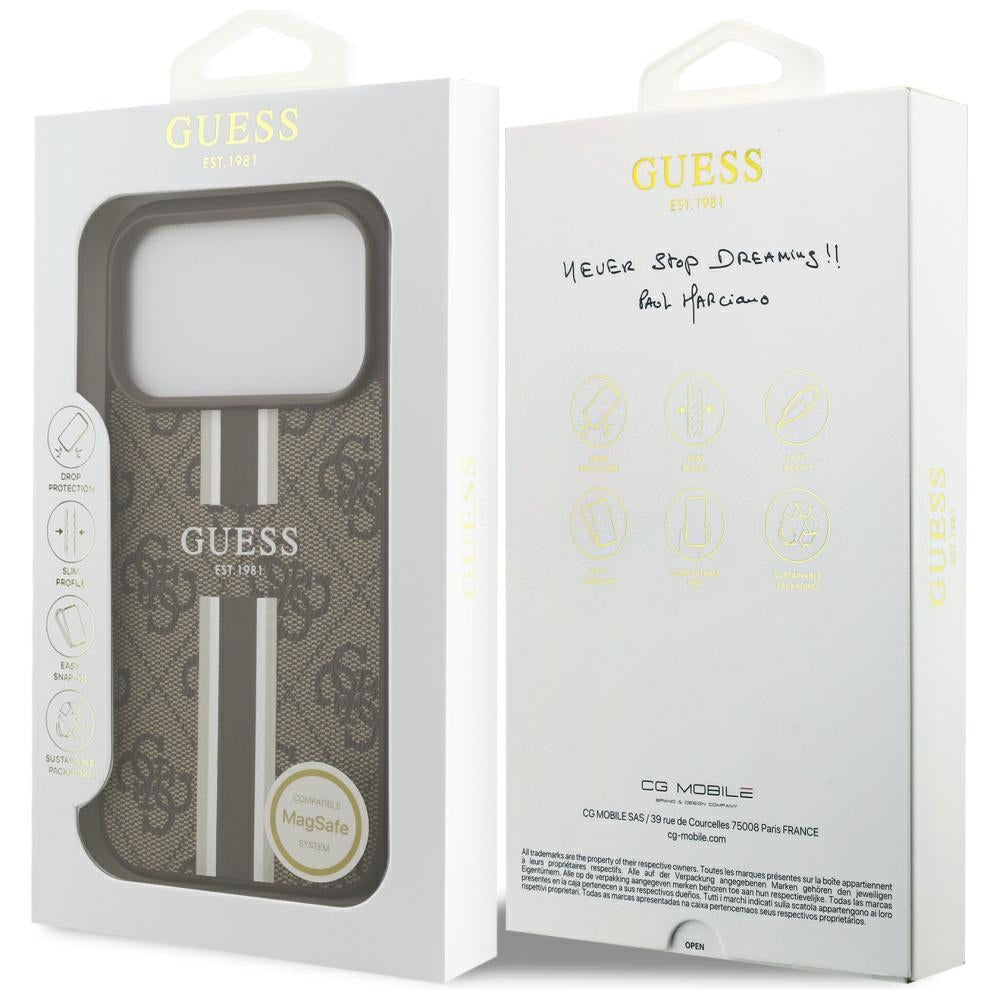 Puzdro MagSafe pre Apple iPhone 17 Pro, Guess, 4G Printed Stripes, Hnedé