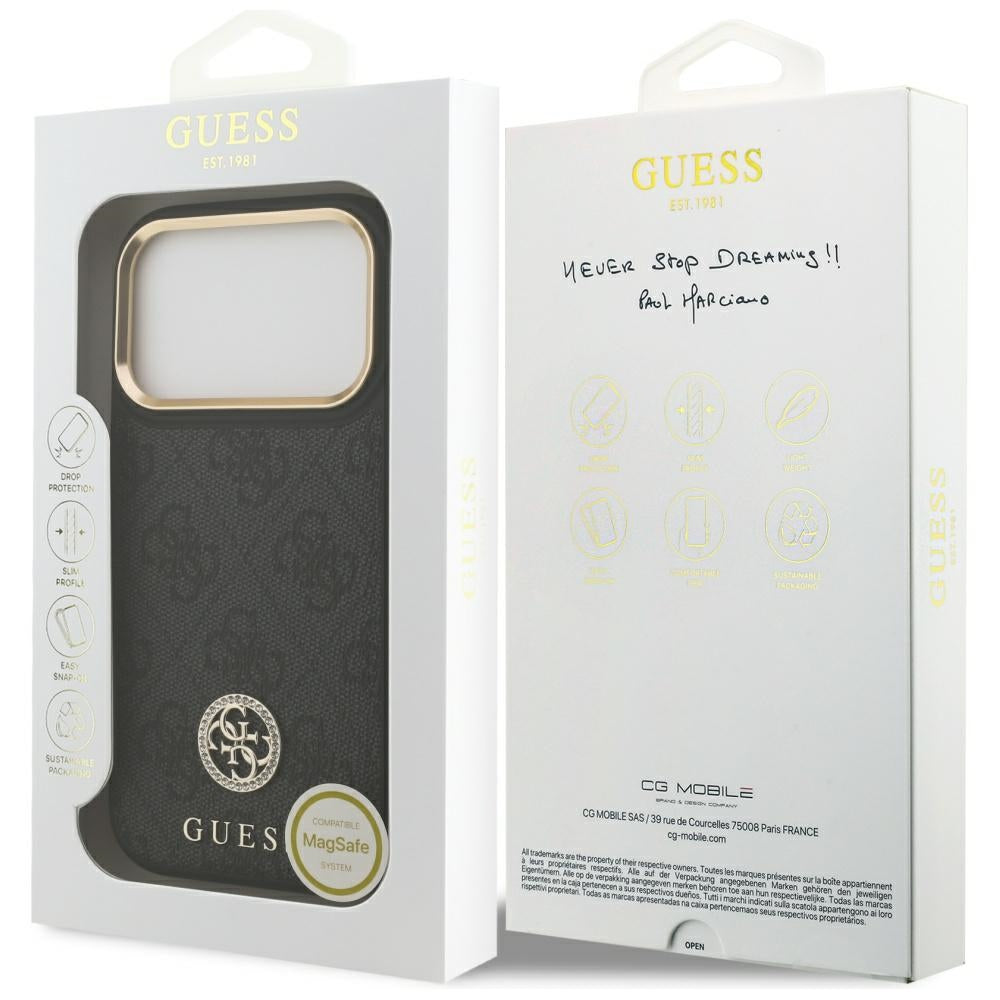 Puzdro MagSafe pre Apple iPhone 17 Pro, Guess, 4G Strass Logo, Čierne