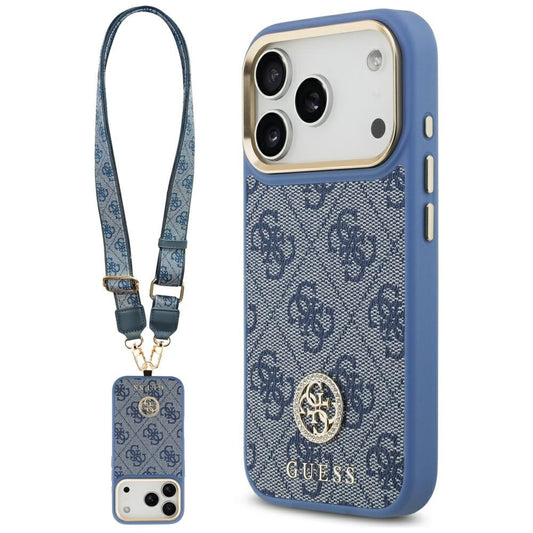 Puzdro MagSafe pre Apple iPhone 17 Pro, Guess, 4G Strass Logo with Big Strap, Modrá