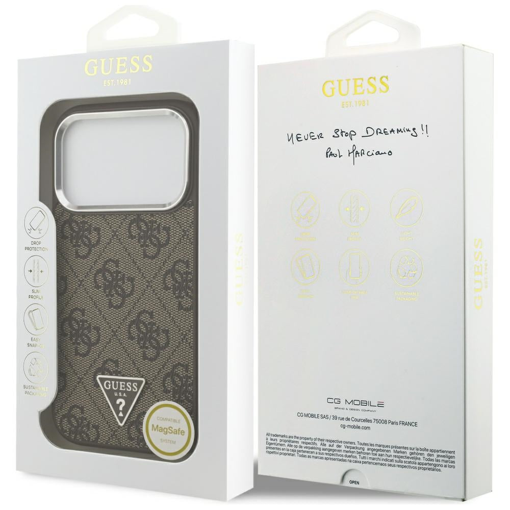 Puzdro MagSafe pre Apple iPhone 17 Pro, Guess, 4G Triangle Logo, Hnedo Strieborné