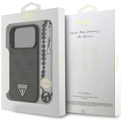 Puzdro MagSafe pre Apple iPhone 17 Pro, Guess, 4G Triangle Logo with Cord Strap, Čierne