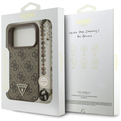 Puzdro MagSafe pre Apple iPhone 17 Pro, Guess, 4G Triangle Logo with Pearl Strap, Hnedé