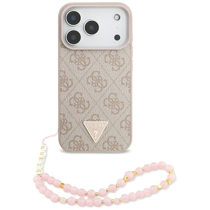 Puzdro MagSafe pre Apple iPhone 17 Pro, Guess, 4G Triangle Logo with Pearl Strap, Ružové