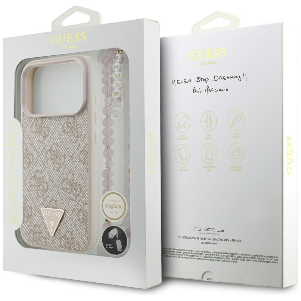 Puzdro MagSafe pre Apple iPhone 17 Pro, Guess, 4G Triangle Logo with Pearl Strap, Ružové