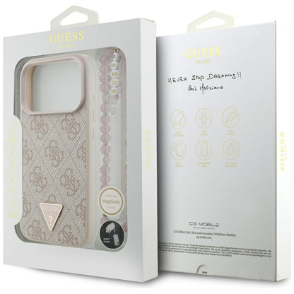 Puzdro MagSafe pre Apple iPhone 17 Pro, Guess, 4G Triangle Logo with Pearl Strap, Ružové