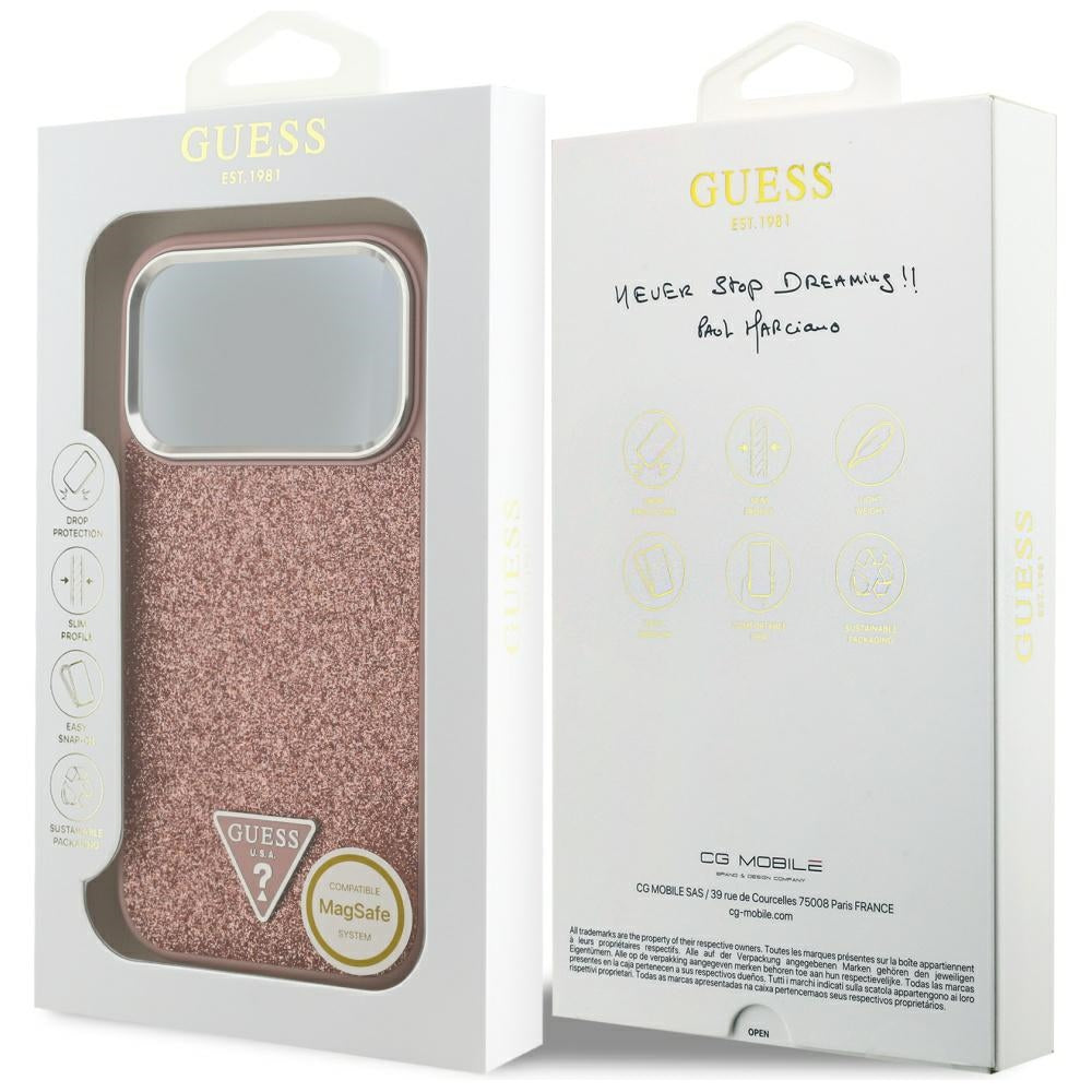 Puzdro MagSafe pre Apple iPhone 17 Pro, Guess, Glitter Triangle Logo, Ružová