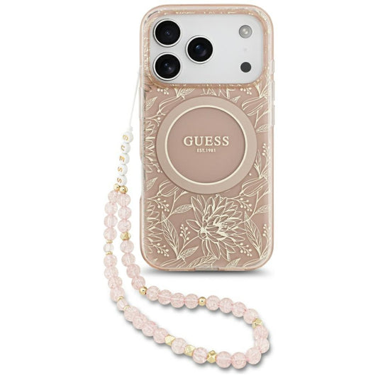 Puzdro MagSafe pre Apple iPhone 17 Pro, Guess, IML Flowers Allover Electroplated with Pearl Strap, Ružové