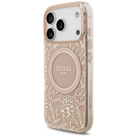 Puzdro MagSafe pre Apple iPhone 17 Pro, Guess, IML Flowers Allover Electroplated with Pearl Strap, Ružové