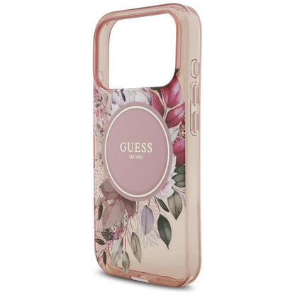 MagSafe Case for Apple iPhone 17 Pro, Guess, IML Flowers with Pearl Strap, Pink