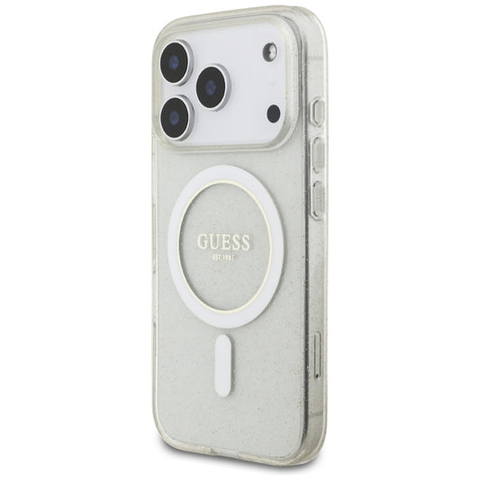 Puzdro MagSafe pre Apple iPhone 17 Pro, Guess, IML Glitter with Pearl Strap, Transparent