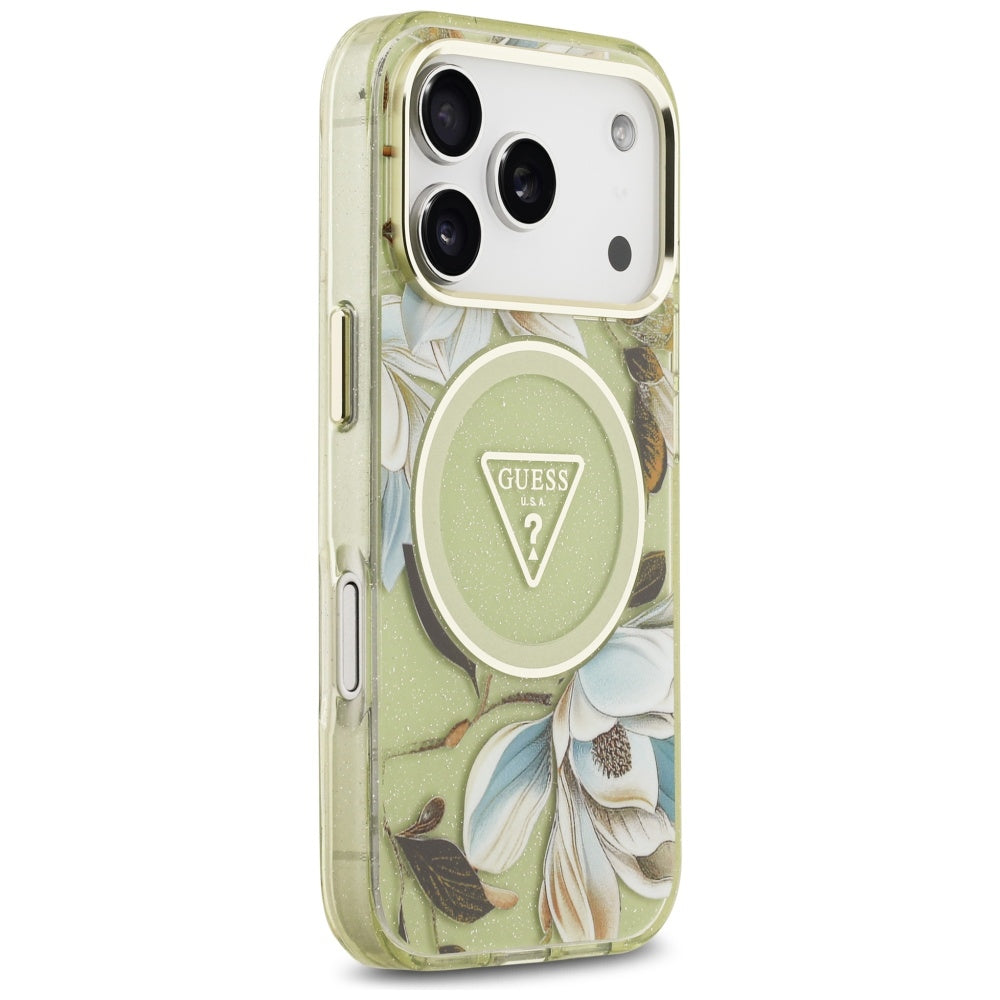 Puzdro MagSafe pre Apple iPhone 17 Pro, Guess, IML Metal Glitter Flowers Triangle, Zelená