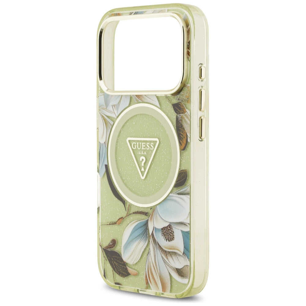 Puzdro MagSafe pre Apple iPhone 17 Pro, Guess, IML Metal Glitter Flowers Triangle, Zelená