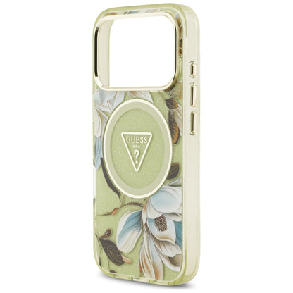 Puzdro MagSafe pre Apple iPhone 17 Pro, Guess, IML Metal Glitter Flowers Triangle, Zelená