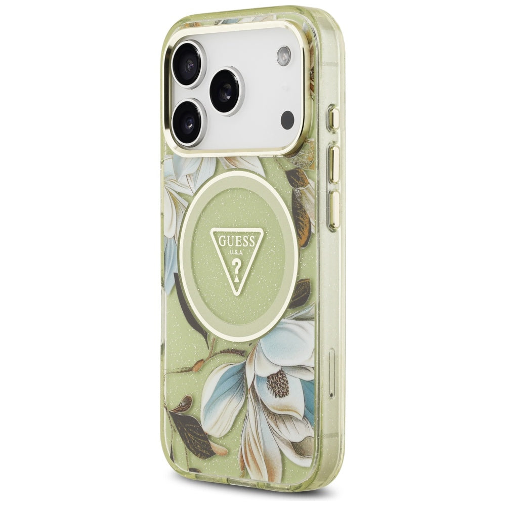 Puzdro MagSafe pre Apple iPhone 17 Pro, Guess, IML Metal Glitter Flowers Triangle, Zelená
