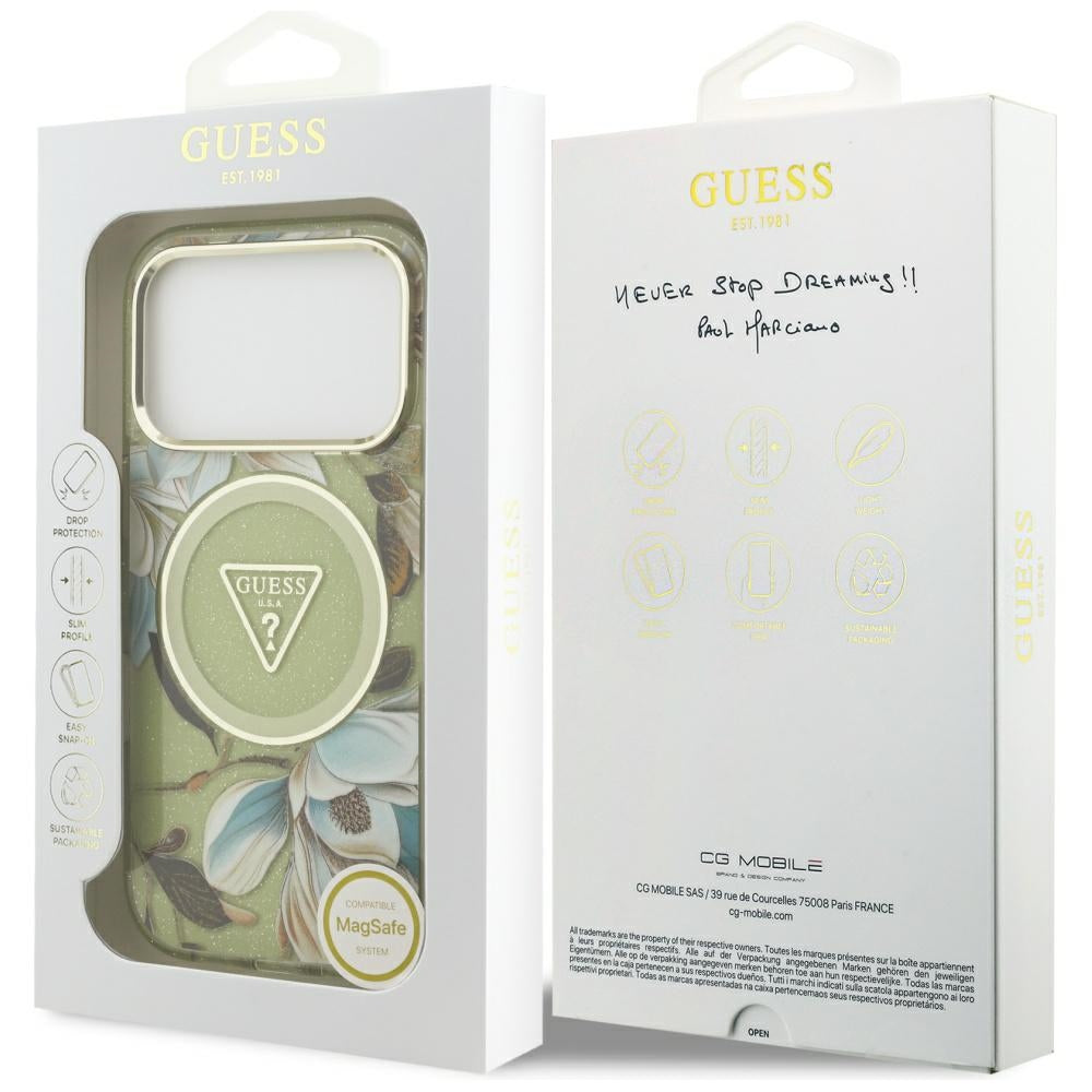 Puzdro MagSafe pre Apple iPhone 17 Pro, Guess, IML Metal Glitter Flowers Triangle, Zelená