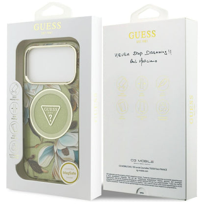 Puzdro MagSafe pre Apple iPhone 17 Pro, Guess, IML Metal Glitter Flowers Triangle, Zelená
