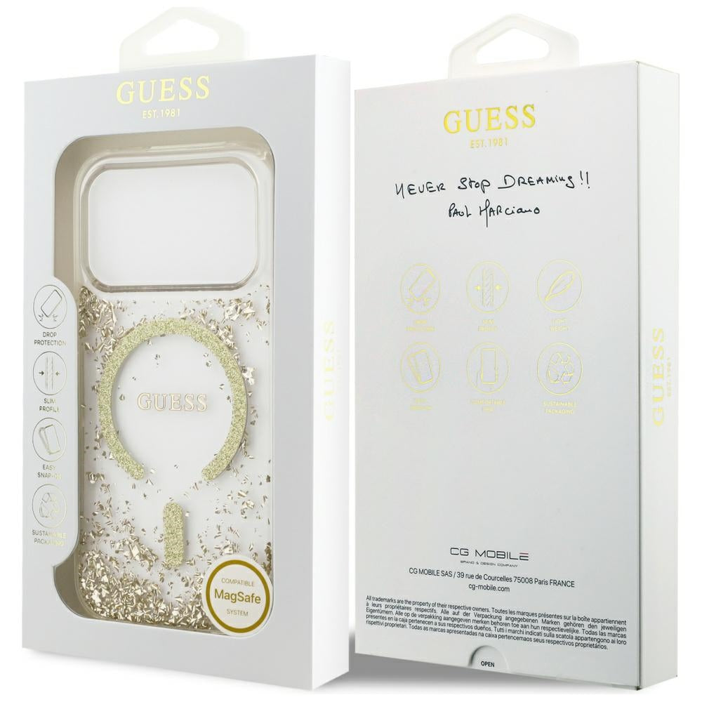 Puzdro MagSafe pre Apple iPhone 17 Pro, Guess, Resin Bottom Glitter, Zlaté