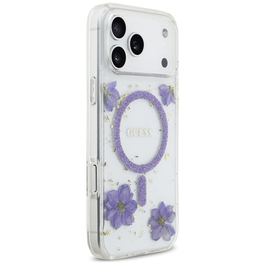 Puzdro MagSafe pre Apple iPhone 17 Pro, Guess, Resin Flowers and Glitter, Fialová