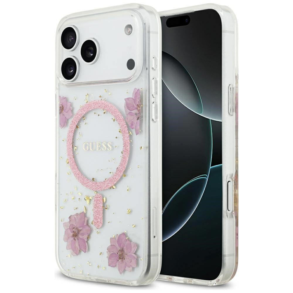 Puzdro MagSafe pre Apple iPhone 17 Pro, Guess, Resin Flowers and Glitter, Ružové