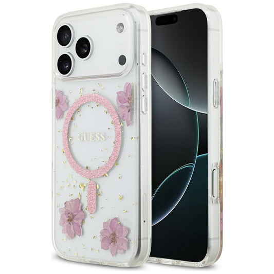 Puzdro MagSafe pre Apple iPhone 17 Pro, Guess, Resin Flowers and Glitter, Ružové