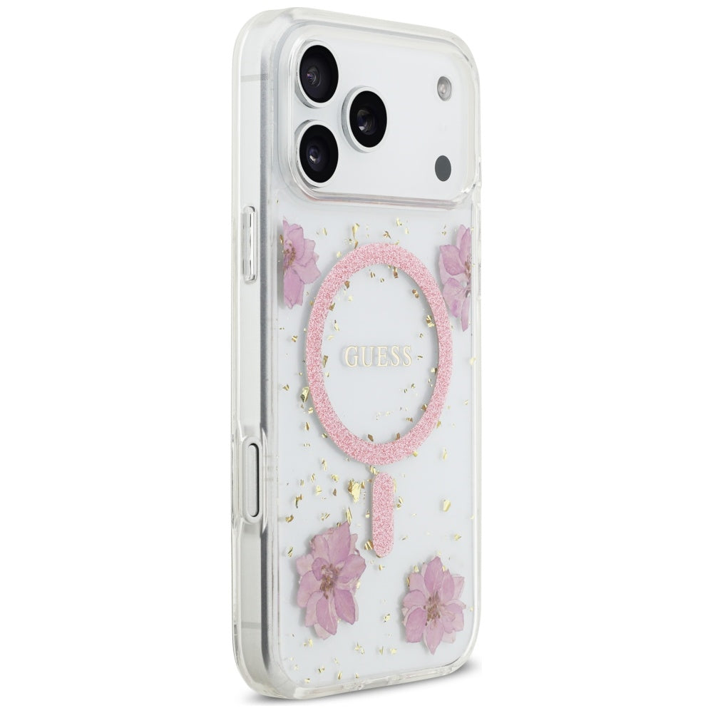 Puzdro MagSafe pre Apple iPhone 17 Pro, Guess, Resin Flowers and Glitter, Ružové