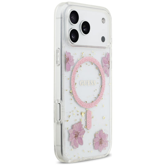 Puzdro MagSafe pre Apple iPhone 17 Pro, Guess, Resin Flowers and Glitter, Ružové
