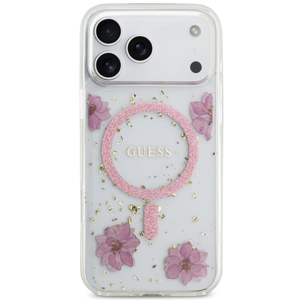 Puzdro MagSafe pre Apple iPhone 17 Pro, Guess, Resin Flowers and Glitter, Ružové