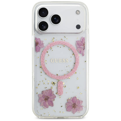 Puzdro MagSafe pre Apple iPhone 17 Pro, Guess, Resin Flowers and Glitter, Ružové