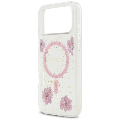 Puzdro MagSafe pre Apple iPhone 17 Pro, Guess, Resin Flowers and Glitter, Ružové