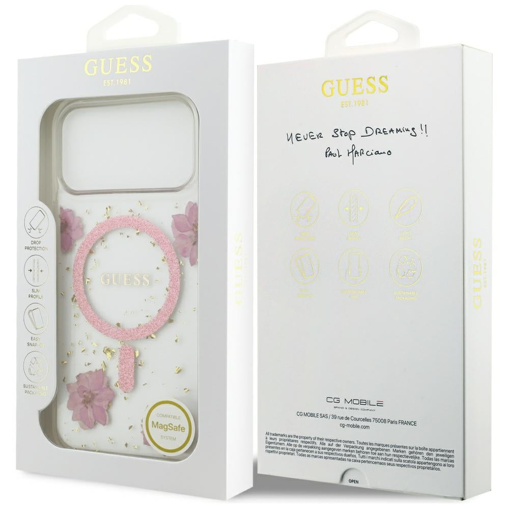 Puzdro MagSafe pre Apple iPhone 17 Pro, Guess, Resin Flowers and Glitter, Ružové