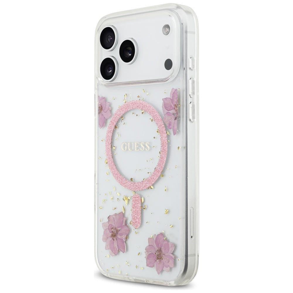 Puzdro MagSafe pre Apple iPhone 17 Pro, Guess, Resin Flowers and Glitter, Ružové