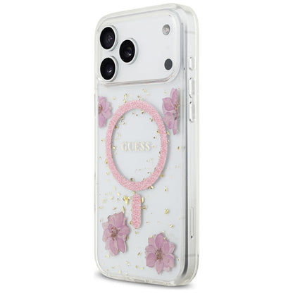 Puzdro MagSafe pre Apple iPhone 17 Pro, Guess, Resin Flowers and Glitter, Ružové