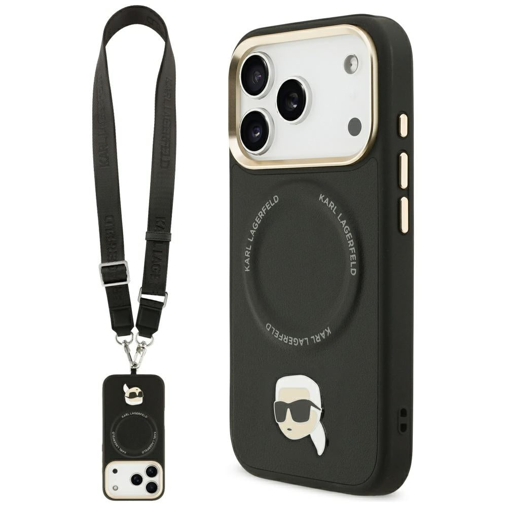 Puzdro MagSafe pre Apple iPhone 17 Pro, Karl Lagerfeld, Big Strap Karl Metal Logo, Čierne