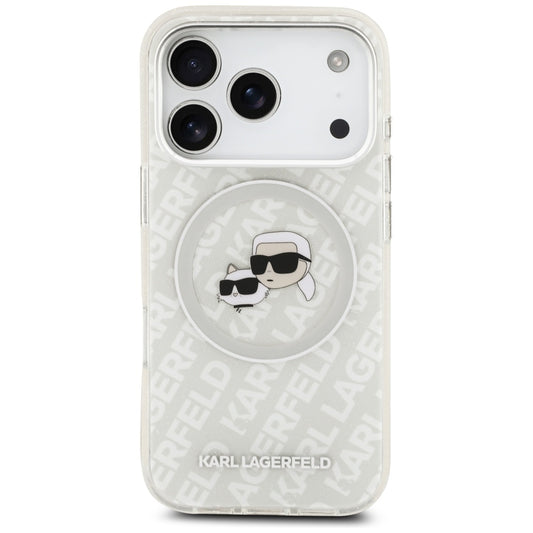 Puzdro MagSafe pre Apple iPhone 17 Pro, Karl Lagerfeld, Glitter Karl & Choupette Head, Biela