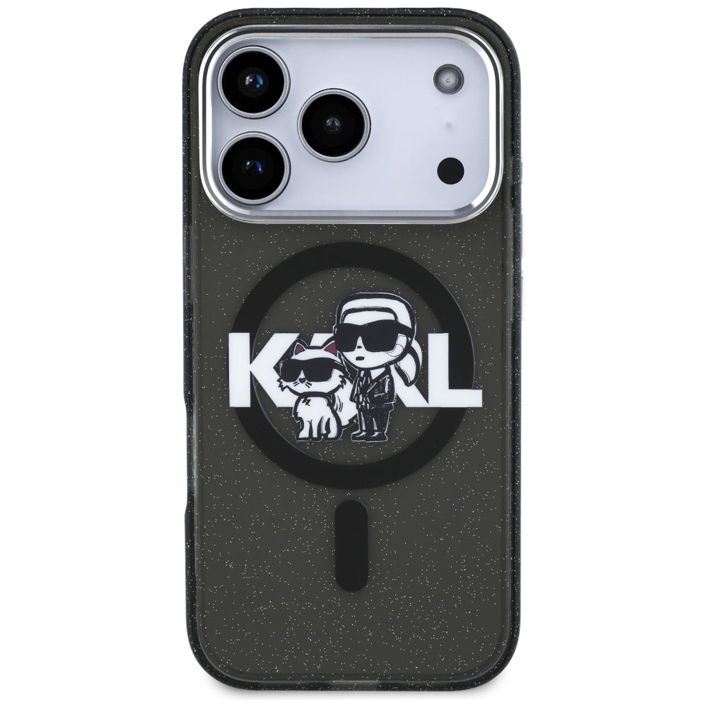 MagSafe Case for Apple iPhone 17 Pro, Karl Lagerfeld, IML Sketch Logo Glitter Karl & Choupette, Black