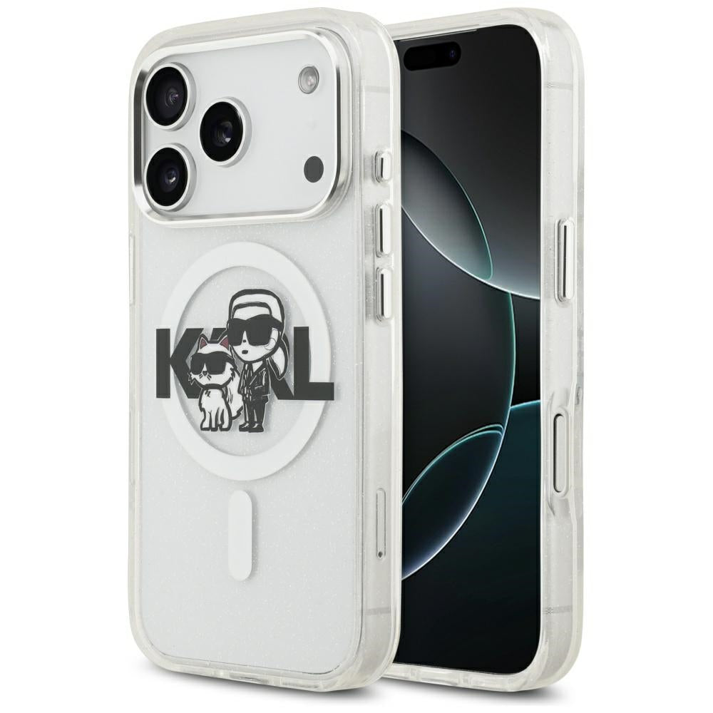 Puzdro MagSafe pre Apple iPhone 17 Pro, Karl Lagerfeld, IML Sketch Logo Glitter Karl & Choupette, Transparentné