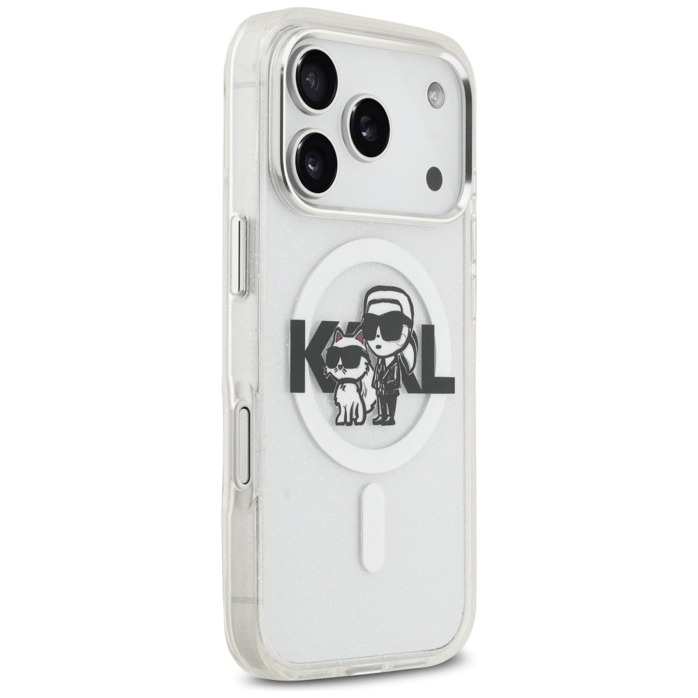 Puzdro MagSafe pre Apple iPhone 17 Pro, Karl Lagerfeld, IML Sketch Logo Glitter Karl & Choupette, Transparentné